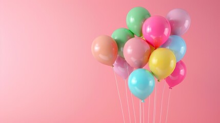 A cluster of colorful balloons floating in front of a soft pastel pink background, arranged in a cheerful composition
