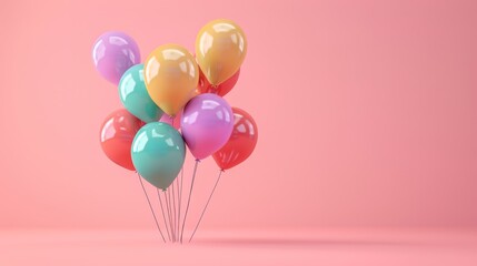 A cluster of colorful balloons floating in front of a soft pastel pink background, arranged in a cheerful composition