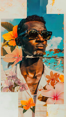Stylish Black Man in Tropical Floral Collage Art