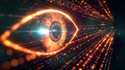 A glowing eye symbol scanning a stream of data, representing cyber security vigilance.