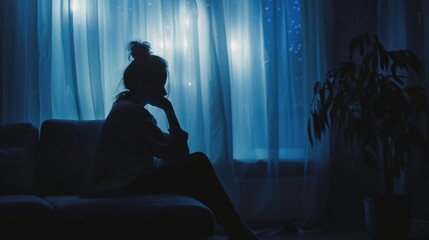Silhouette of a person suffering from depression in the house, Depressed woman sitting alone on the Sofa feel stress, sad and worried in the dark room.
