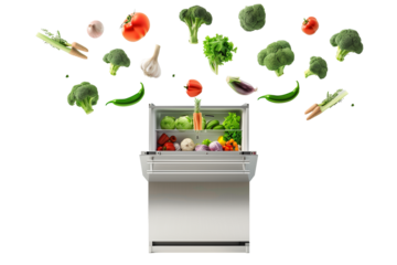 A fridge with fruits and vegetables floating in the air isolated on a transparent background