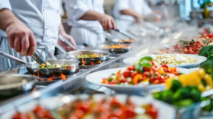 Celebrated chef leads kitchen operations in grand restaurant setting, supported by team. Abundance of food, vegetables, and boiling pots.
