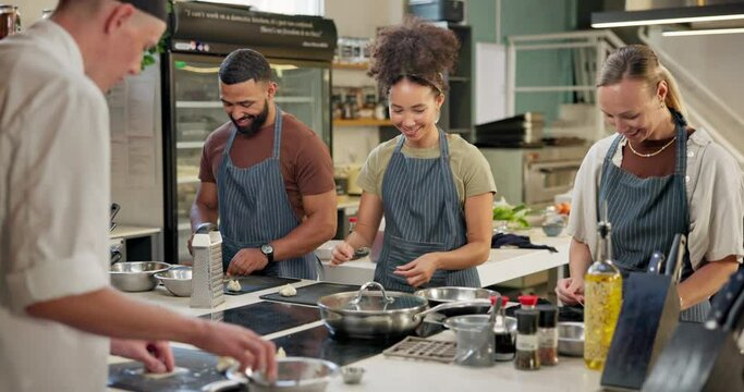 Cooking class, restaurant and people in kitchen with chef for learning, education course or practice. Gastronomy, hospitality and diverse students for culinary meal, preparation or working on skills