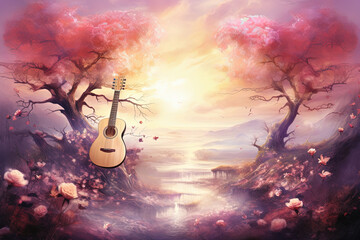 Guitar and Blooming Trees, abstract poster Enchanted Sunset Landscape