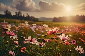 Vintage landscape nature background of beautiful cosmos flower field on sky with sunlight in spring. vintage color tone filter. Generative AI 