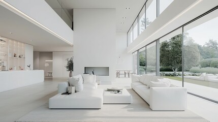 Modern home living room interior with white comfortable sofa, natural light from large glass window.