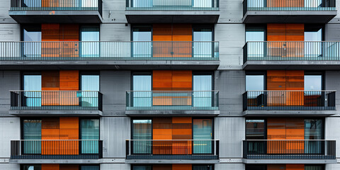 A residential building with geometric balcony designs and a mix of grey and orange panels. The symmetrical arrangement and modern architectural elements give it a stylish and unique look.