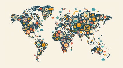 Global trade network concept, world map with interconnected abstract icons