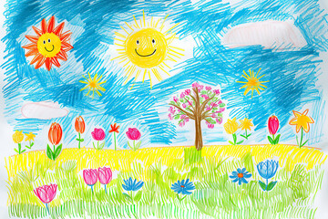 Child's Sunny Day Drawing with Tree and Flowers