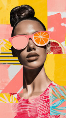 Trendy Fashion Portrait of woman in sunglasses, Colorful Geometric Background