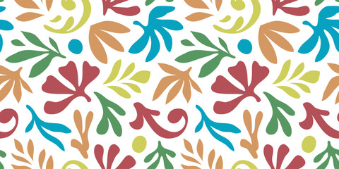 Abstract plant leaf art seamless pattern with colorful freehand doodle collage. Organic leaves cartoon background, simple nature shapes in vintage pastel