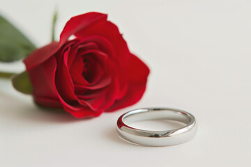 A silver ring sits on a table next to a red rose