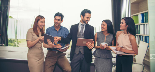 Banner Diversity multiethnic team group of business people Present meeting conference room brainstorm. Multicultural Teamwork collaborate team people meeting together trust partner with copy space.