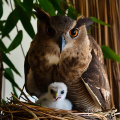 Eurasian eagle-owl with baby chick in a nest, highlighting maternal care and protection in a natural environment	