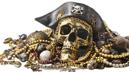 Fototapeta premium A pirate's hoard, brimming with wealth in the form of gold and silver isolated on a transparent background cut out. 
