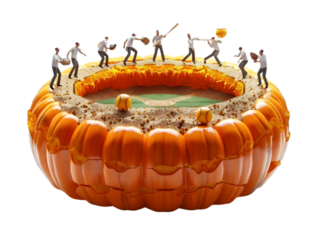 Modern surrealism pumpkin baseball stadium, people playing baseball in it isolated on a transparent background cut out. 