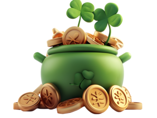 A green pot with gold coins for St. Patrick's Day isolated on a transparent background cut out. 