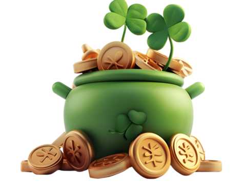A green pot with gold coins for St. Patrick's Day isolated on a transparent background cut out. 