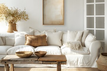 Rustic coffee table and wicker basket near white sofa against wall with art frame. Boho, country interior design of modern living room.