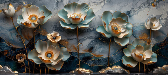 panel wall art, wall decoration, marble background with flowers designs