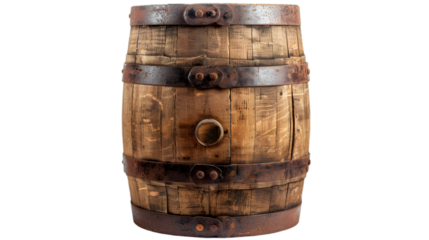 Wooden barrel isolated on a transparent background cut out. 