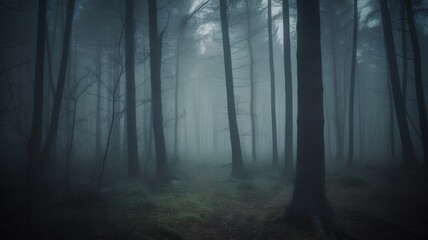Mysterious dark forest in a foggy day. Halloween background