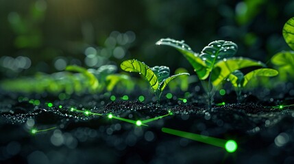 Close-up of young plants growing in soil with futuristic glowing lines, representing technology in agriculture and sustainable growth.