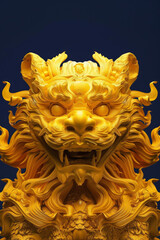 A gold statue of a lion with its mouth open and its eyes wide