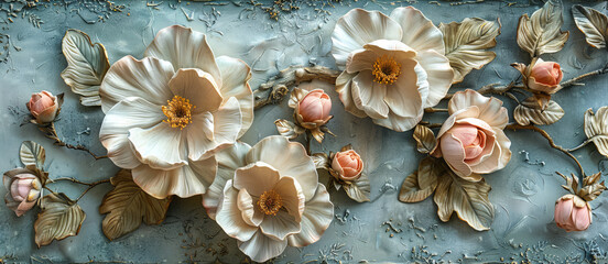 panel wall art, wall decoration, marble background with flowers designs