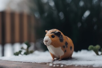 guinea pig in the snow on a wooden background, close-up