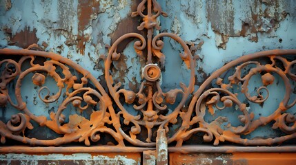 A close-up of a rusty metal gate, with intricate scrollwork and peeling paint
