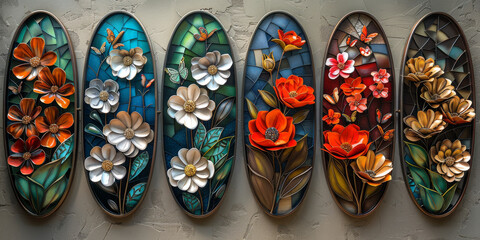 panel wall art, wall decoration, marble background with flowers designs