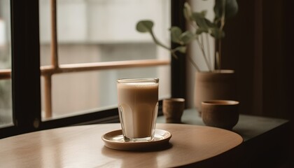 Glass of cappuccino or latte coffee in cafe.