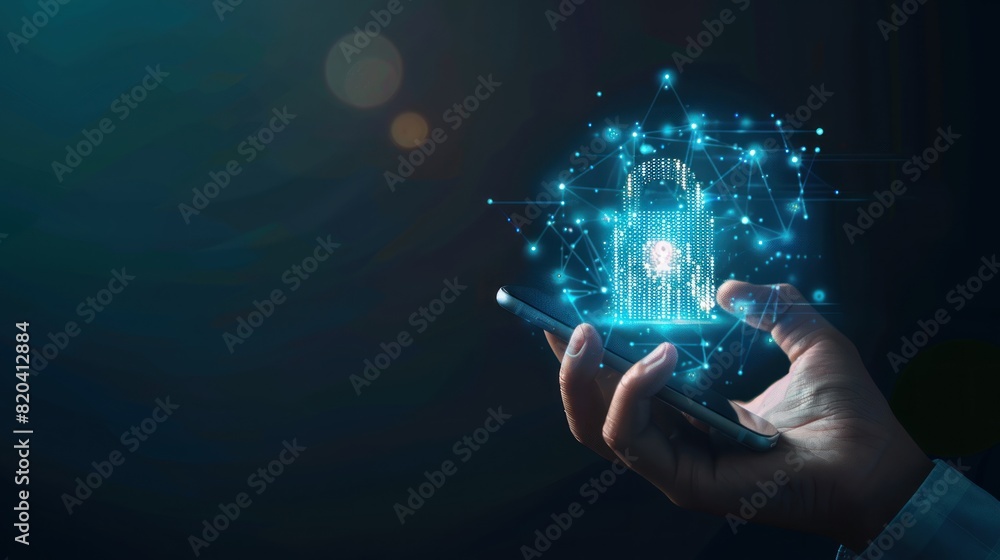 Poster smart phone with padlock hologram ,cyber security concept. security data