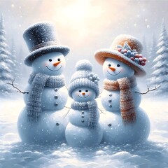 Painting beautiful of three snowmen that are standing in the snow.