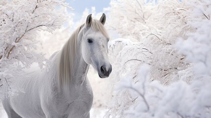 photo white horse on winter Generative AI