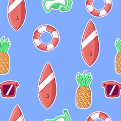 summer cute seamless pattern, pineapple, surfboard, glasses, diving goggles, inflatable ring