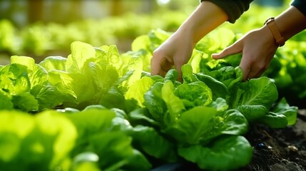 Close-up of woman's hand planting fresh lettuce in vegetable garden