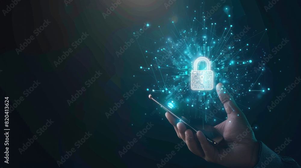 Poster smart phone with padlock hologram ,cyber security concept. security data