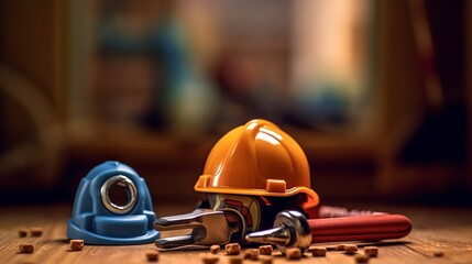 Hardhat and construction tools on wooden table.