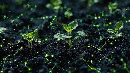 Young green seedlings in soil with a futuristic digital overlay, representing agriculture technology and innovations in farming.