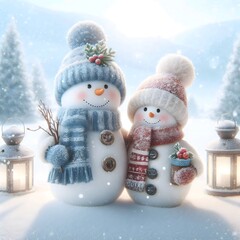 A snowman and snowwoman are holding a lantern and a bouquet of flowers.