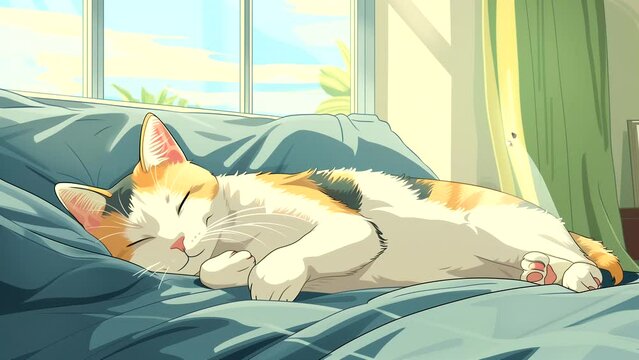Cat sleeping peacefully on a cozy sofa inside a home during the day, with sunlight streaming through the window. Perfect for lofi background music, chill vibes. Seamless looping time-lapse animation