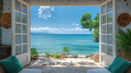 The open window of the villa offers a view of the sea. An idyllic picture of relaxation and tranquility. Generative AI
