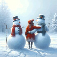 Painting of two snowmen standing next to each other in the snow.
