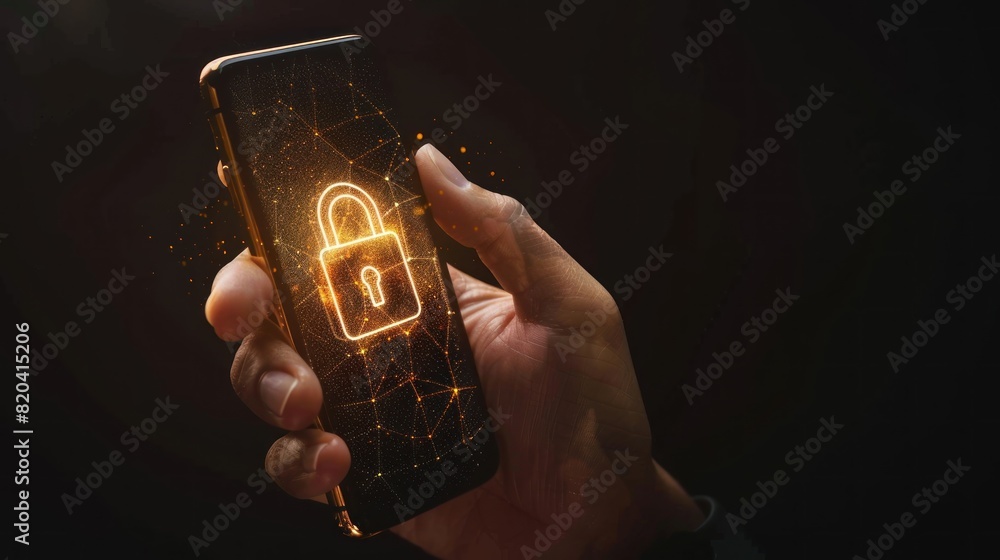 Poster smart phone with padlock hologram ,cyber security concept. security data