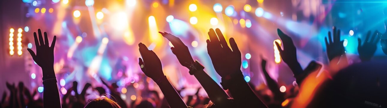 The crowd was cheering in front of the stage, illuminated by bright lights and colorful spotlights. They were waving their hands with excitement as they anticipated an exciting performance. The concer