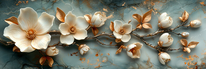 Fototapeta premium panel wall art, wall decoration, marble background with flowers designs