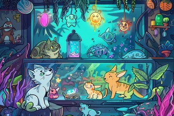 Cartoon cute doodles of a magical pet shop where every animal has a unique ability, Generative AI